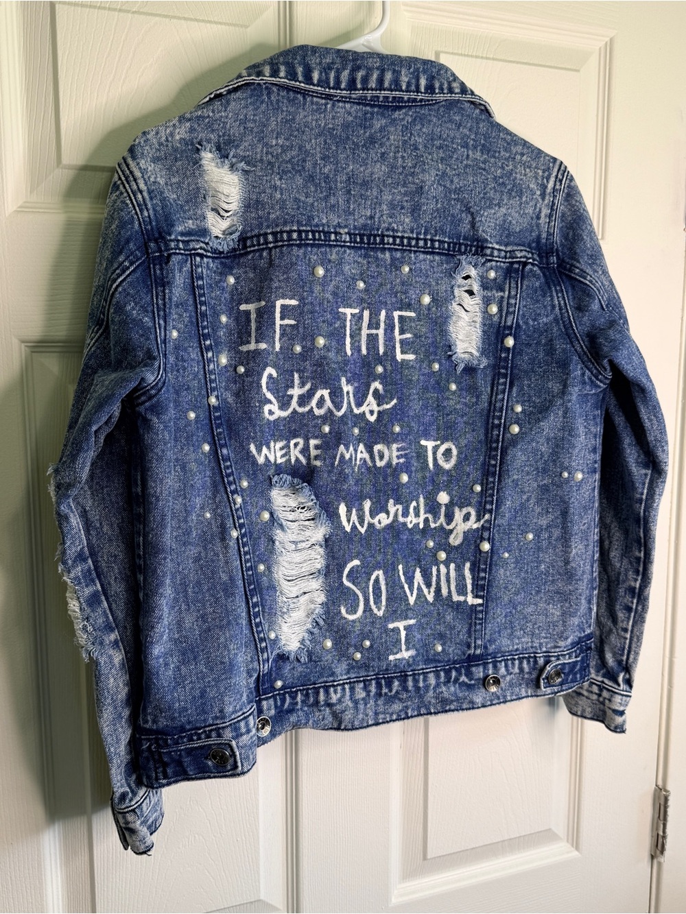 Custom Denim Jacket With Pearls And Inspirational Quote - Picture 3 of 6
